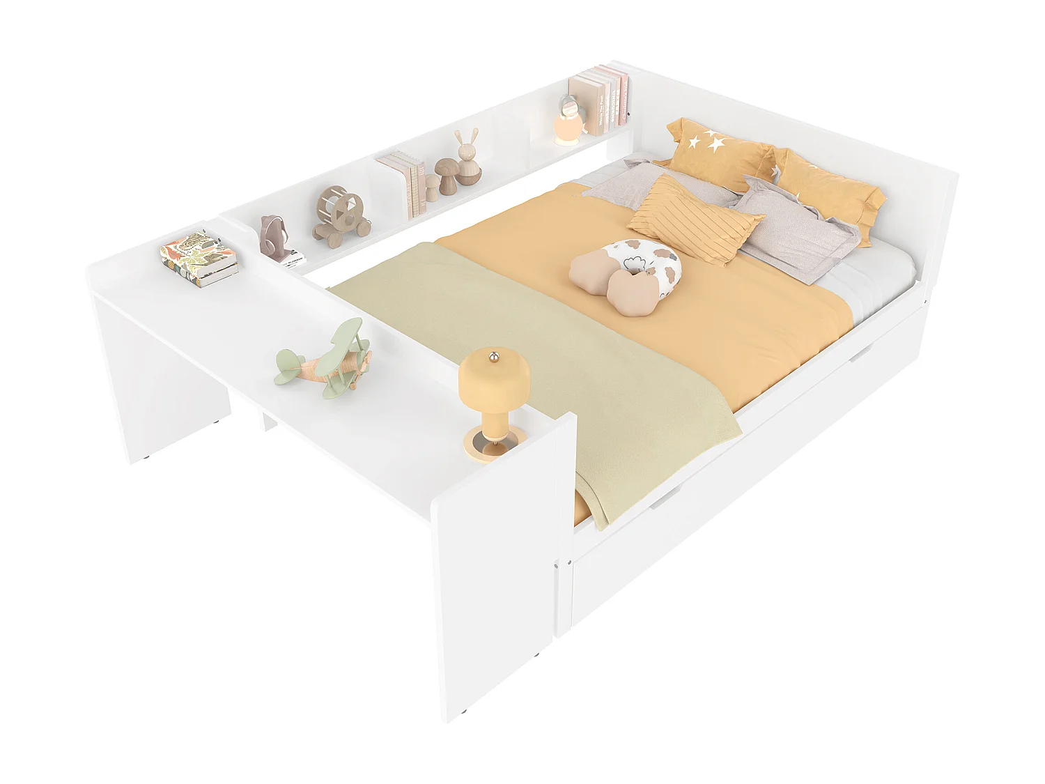 Cama infantil 140x200 cm madeira com escrivaninha e cama de rodízio branca