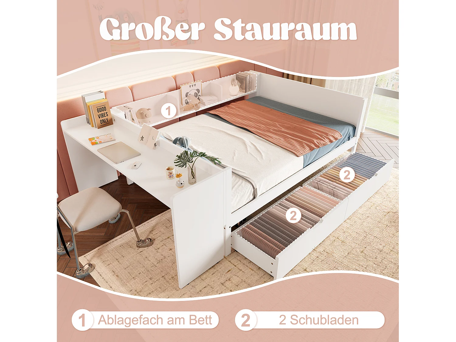 Cama infantil 140x200 cm madera con escritorio y cajones blanco