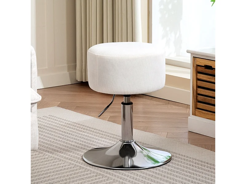 Taburete de bar ajustable en tejido de pana blanca con giro de 360° y patas metálicas estables.