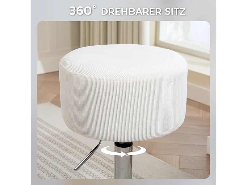 Taburete de bar ajustable en tejido de pana blanca con giro de 360° y patas metálicas estables.