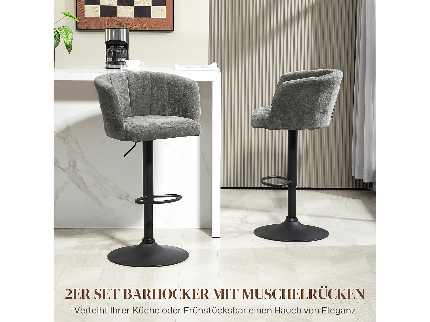 Tabourets de bar pivotants 2 pezzi tissu lin réglables con repose-pieds pour kitchen salon gris foncé