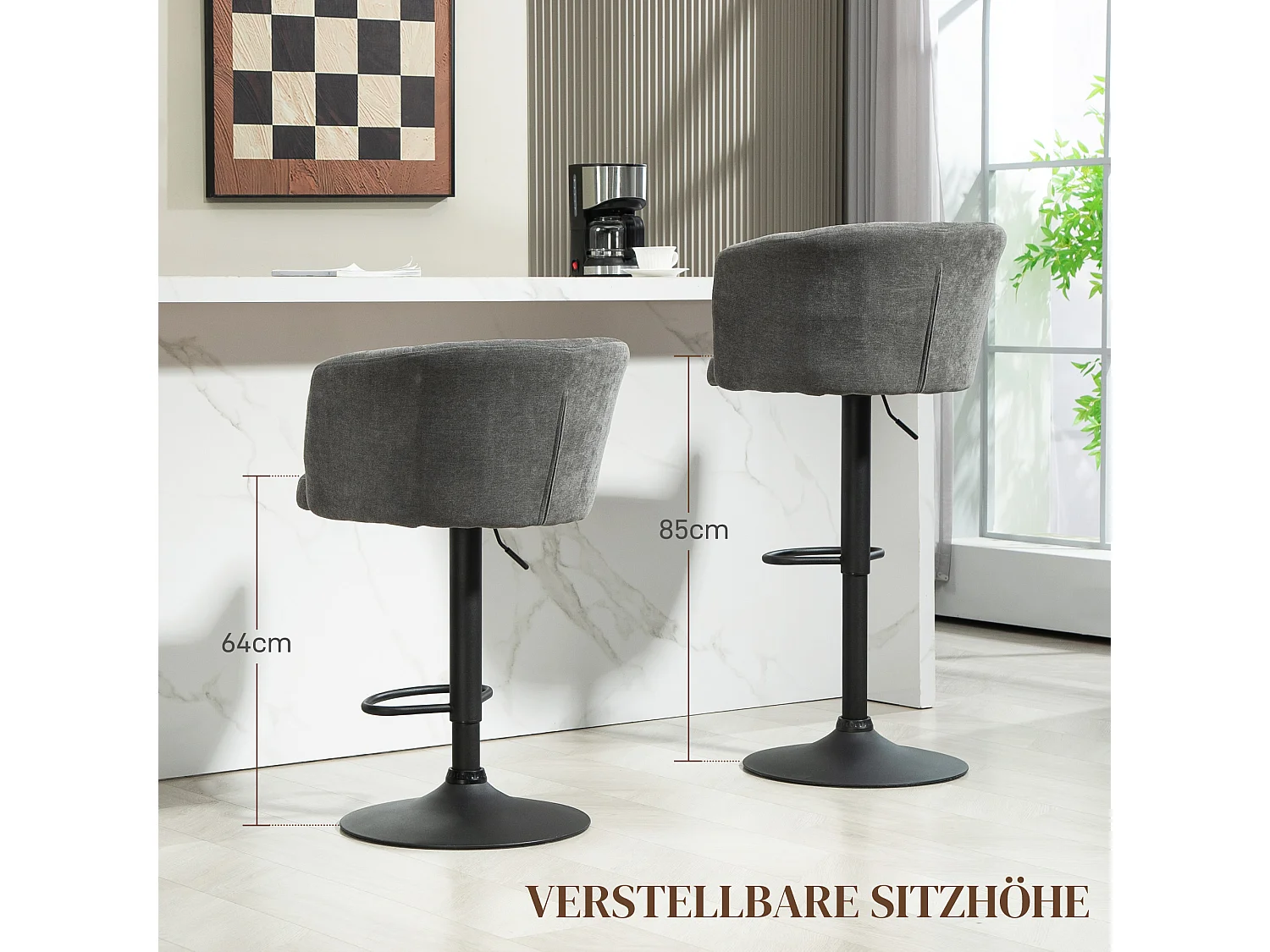 Tabourets de bar pivotants 2 pezzi tissu lin réglables con repose-pieds pour kitchen salon gris foncé