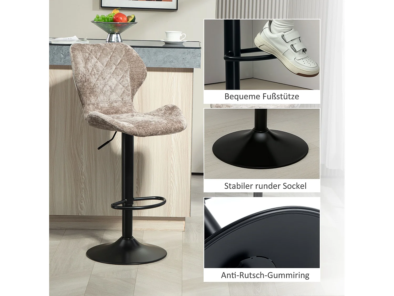 Conjunto de 2 bancos altos acolchoados em poliéster com encosto giratório ajustável em aço, castanho, 51x48x112 cm