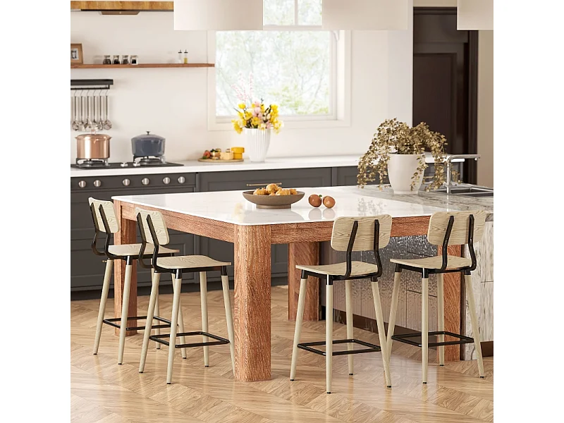 Taburete de bar 2 piezas acero madera natural asiento respaldo reposapiés cocina salón 94 cm