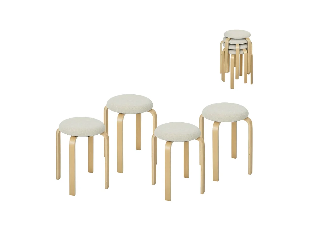 Conjunto de 4 bancos empilháveis em madeira efeito linho, cadeira redonda para cozinha, sala de estar, creme, 40x40x45 cm