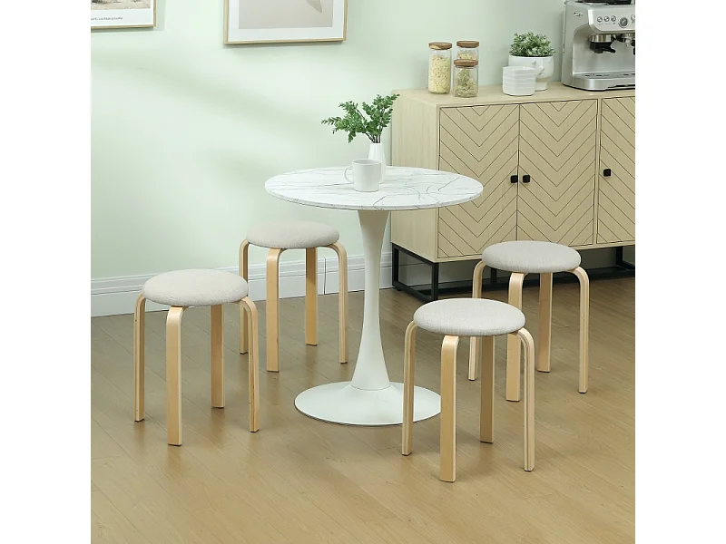 Conjunto de 4 bancos empilháveis em madeira efeito linho, cadeira redonda para cozinha, sala de estar, creme, 40x40x45 cm