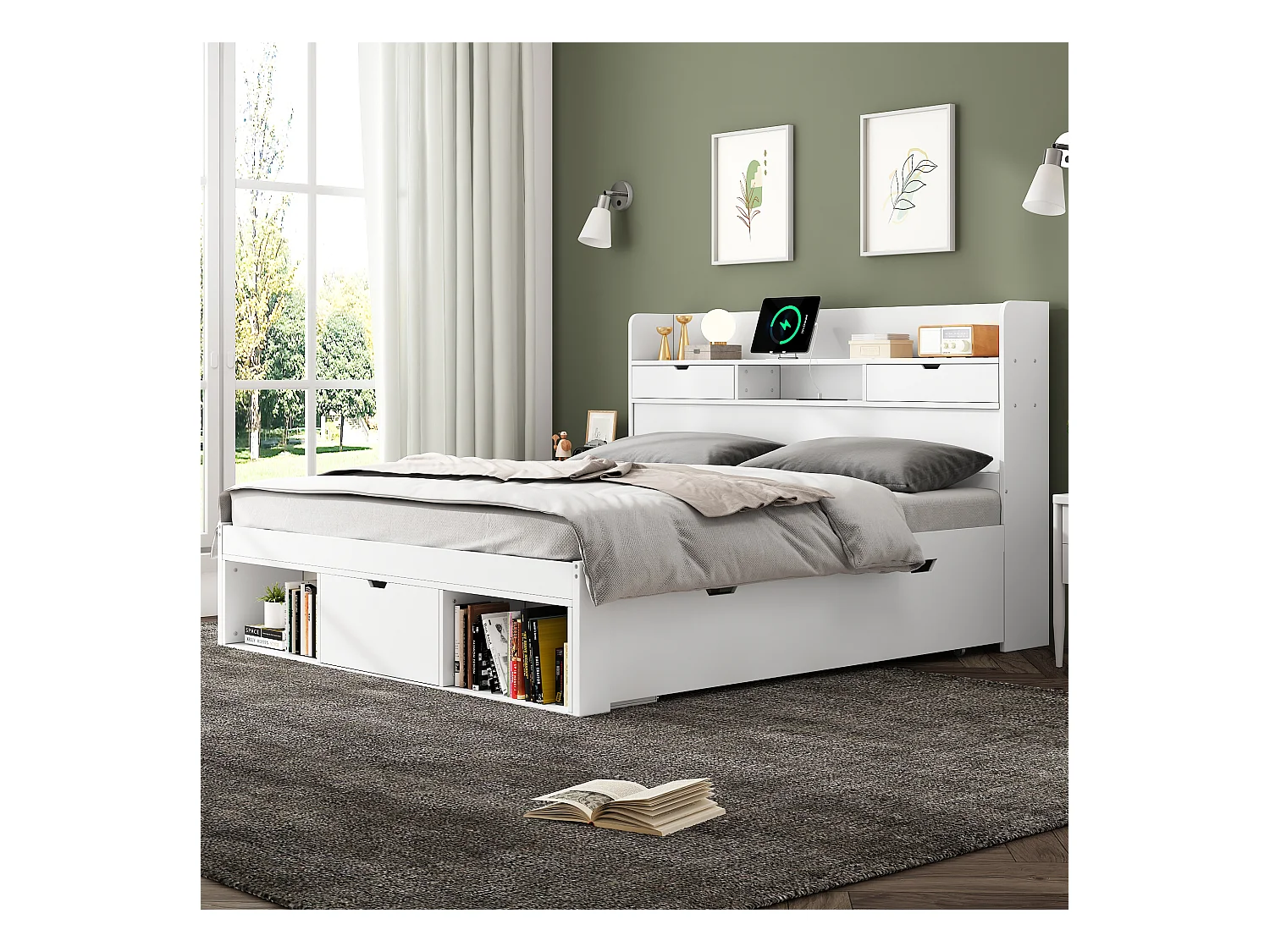 Lit double 160x200 cm bois MDF avec USB, tiroirs et rangement multifonction blanc