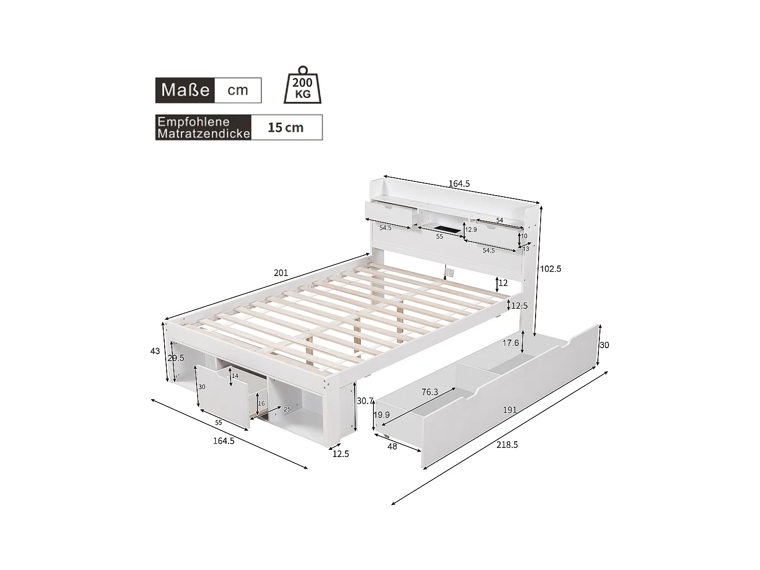 Lit double 160x200 cm bois MDF avec USB, tiroirs et rangement multifonction blanc