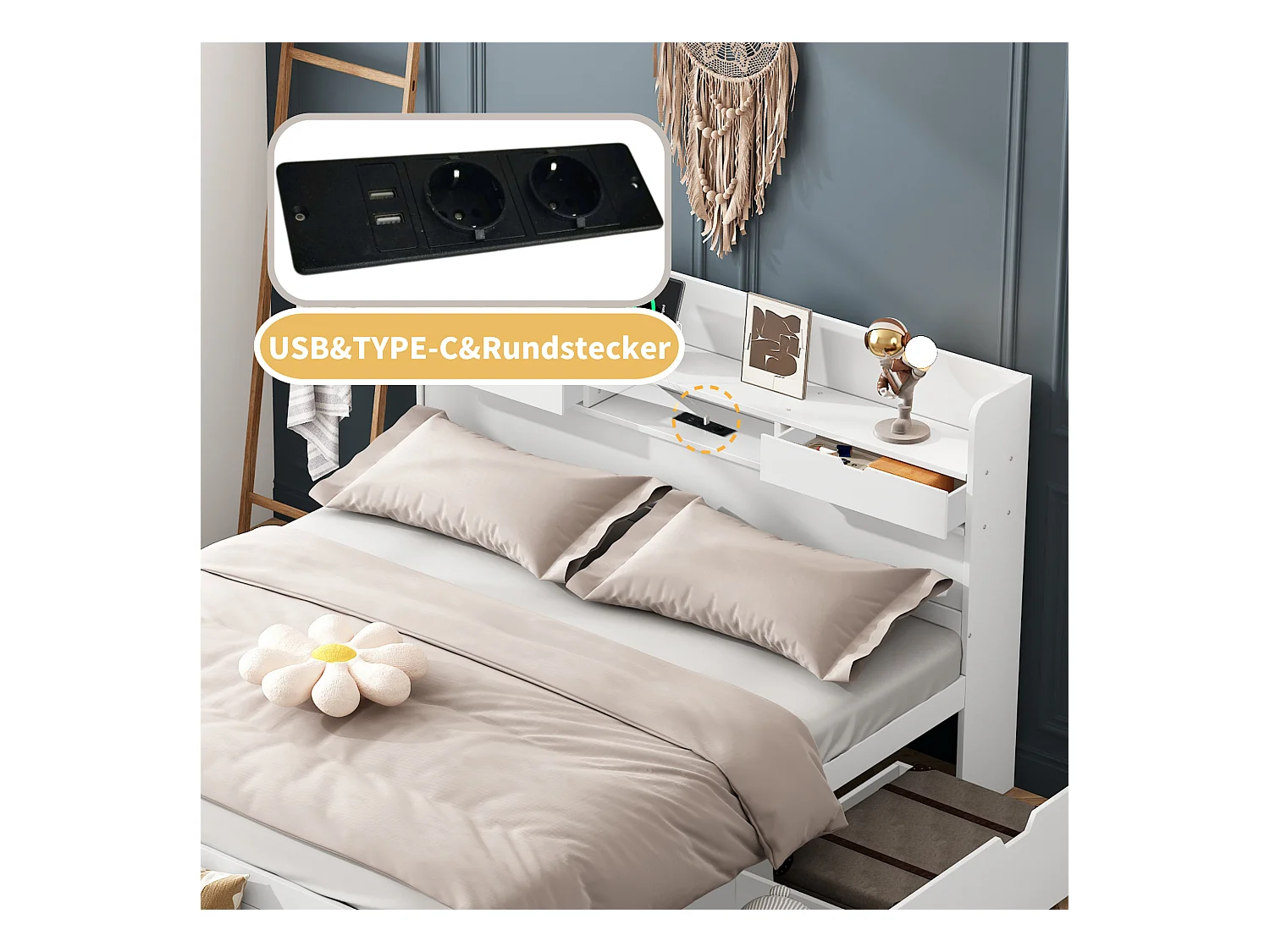 Lit double 160x200 cm bois MDF avec USB, tiroirs et rangement multifonction blanc