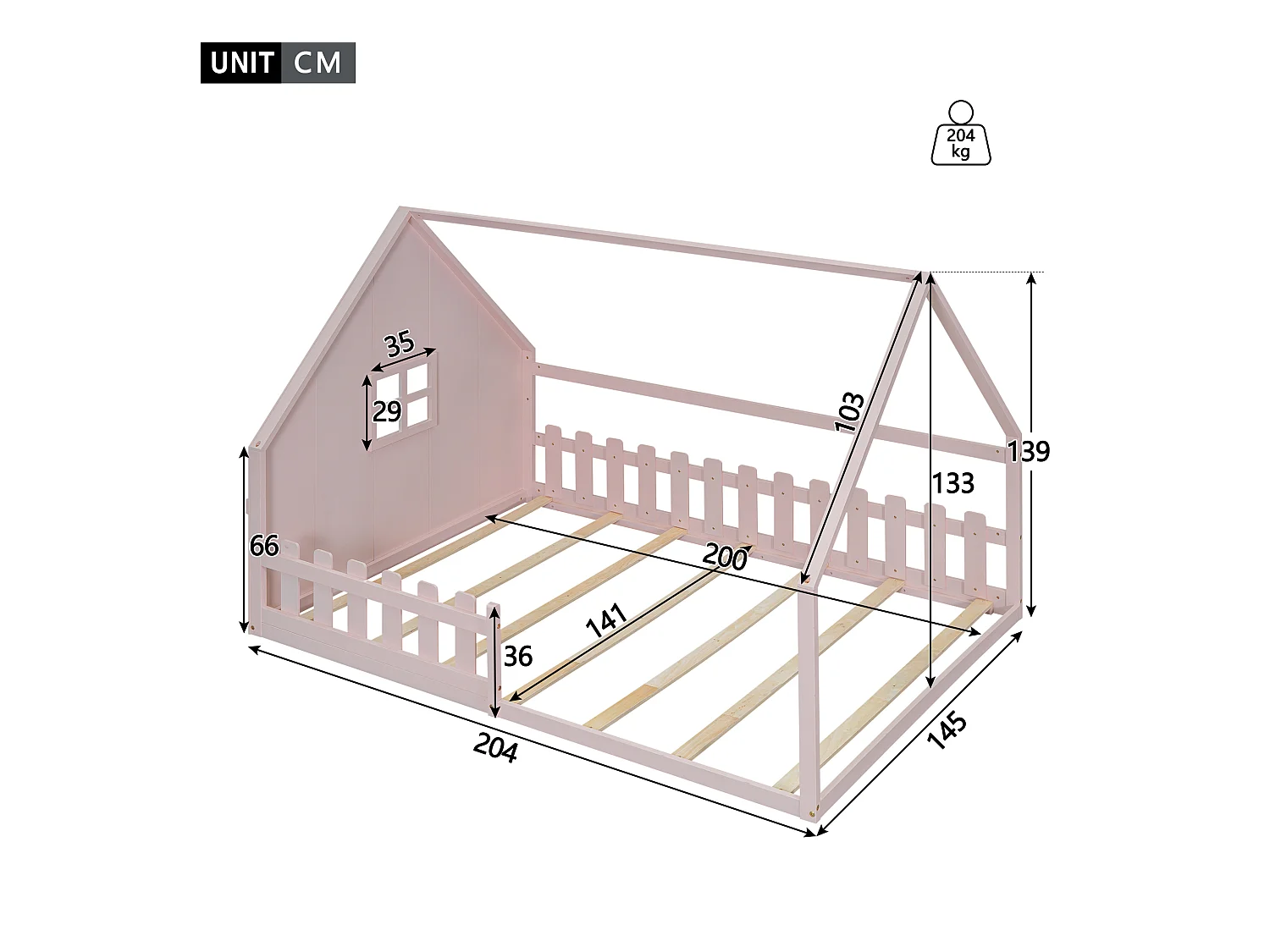 Cama infantil cabina 140x200 cm madera maciza con barrera rosa