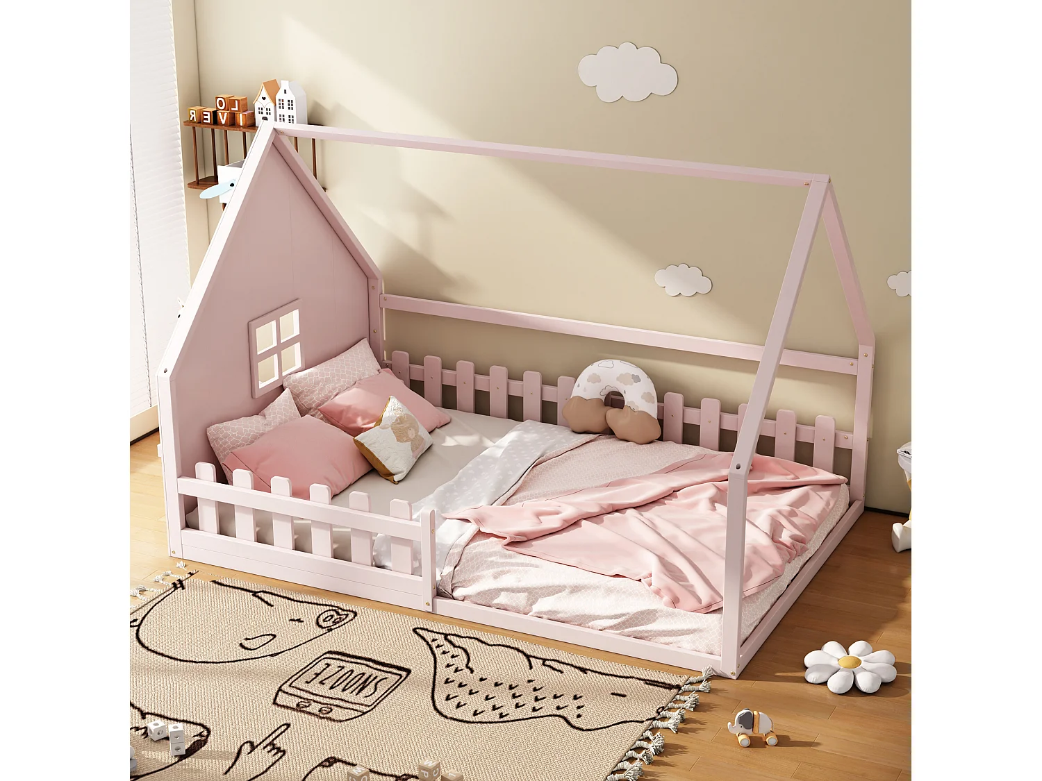 Cama infantil cabina 140x200 cm madera maciza con barrera rosa