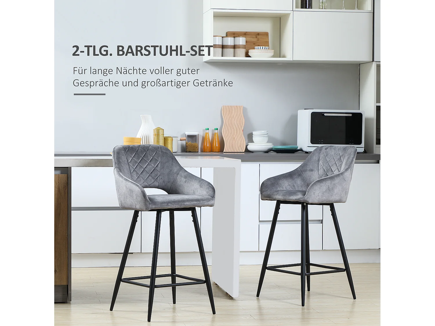 Tavolini da bar 2 pezzi grigio in poliestere con dossier piedi in acciaio per cucina 50x53x94 cm