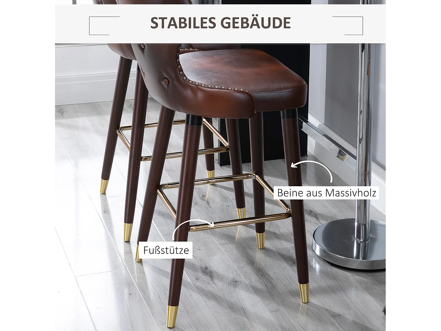 Juego de 2 taburetes de bar vintage de piel sintética con respaldo, patas de madera y metal para cocina, marrón, 52x53x101 cm