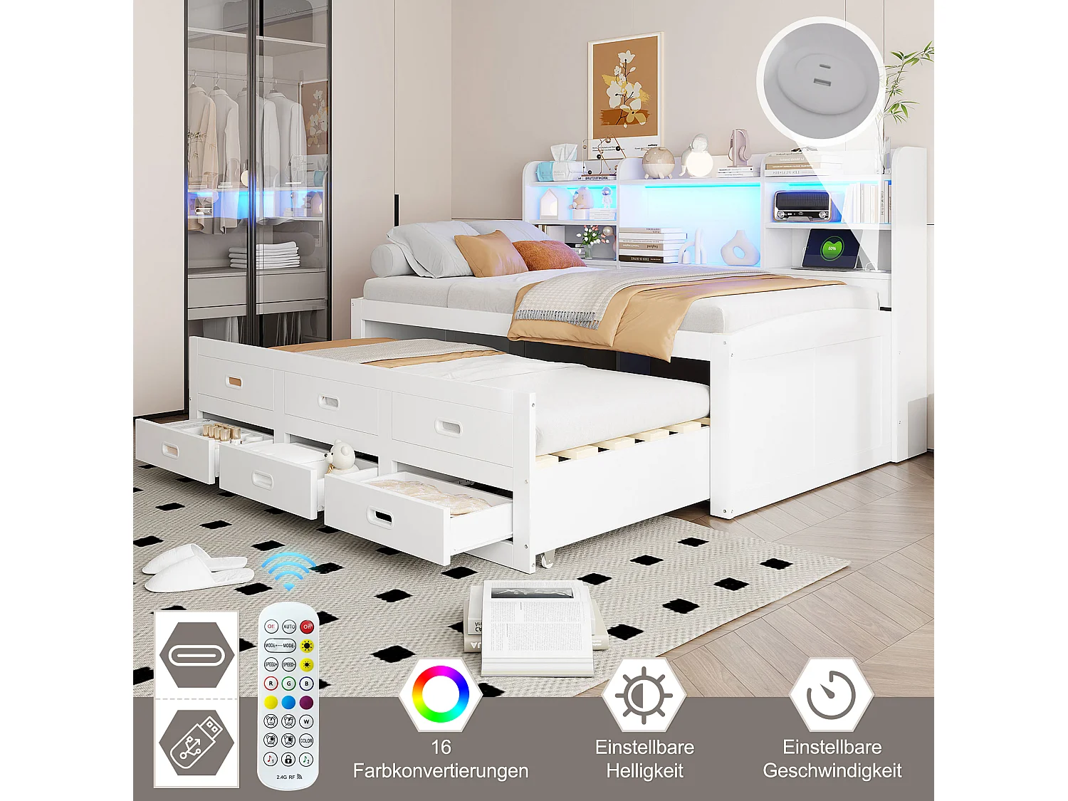 Canapé illuminato 90x200 LED multifunzione con cassetti, scrivania, USB + Type-C bianco