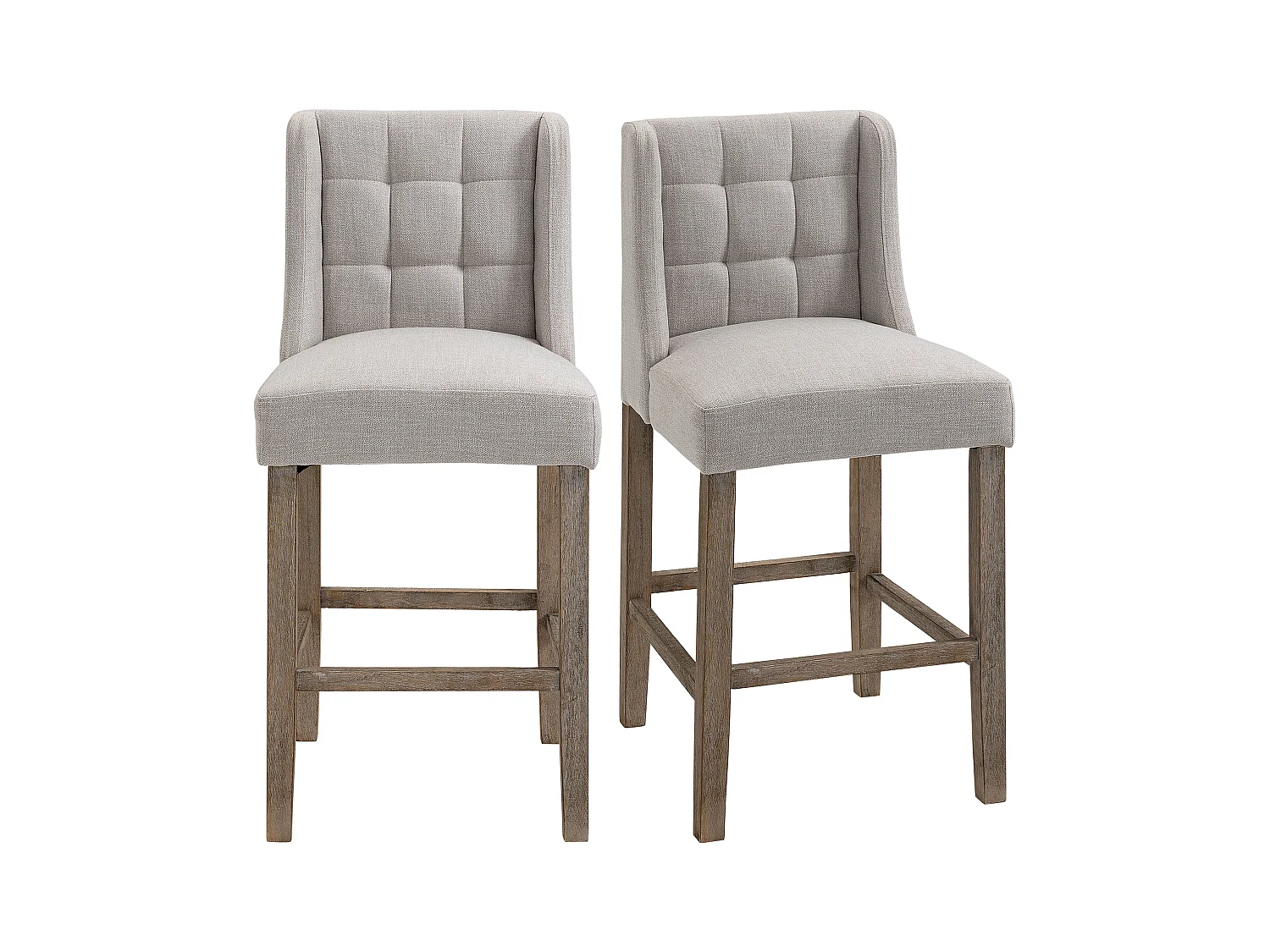 Taburetes de bar de 2 piezas con respaldo y botones en tejido de poliéster, patas de madera gris natural, 47x50x101 cm