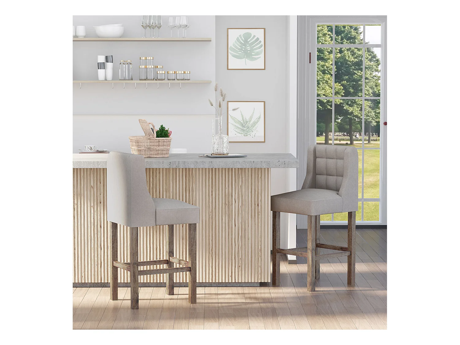 Taburetes de bar de 2 piezas con respaldo y botones en tejido de poliéster, patas de madera gris natural, 47x50x101 cm