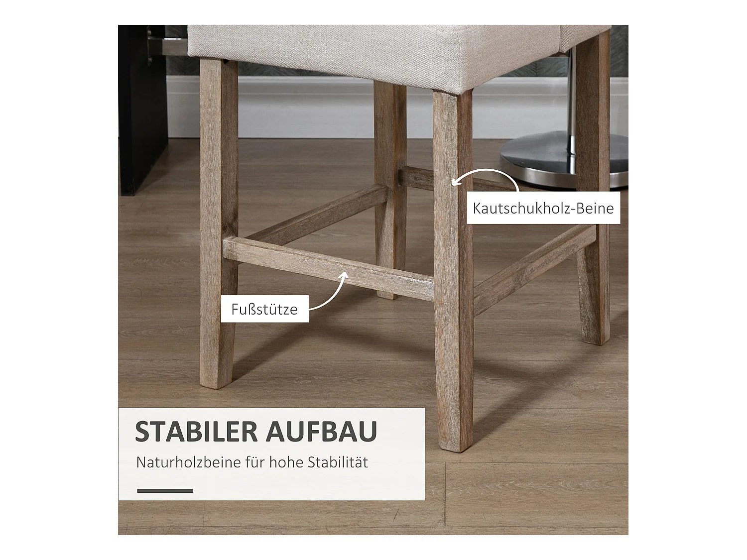 Taburetes de bar de 2 piezas con respaldo y botones en tejido de poliéster, patas de madera gris natural, 47x50x101 cm