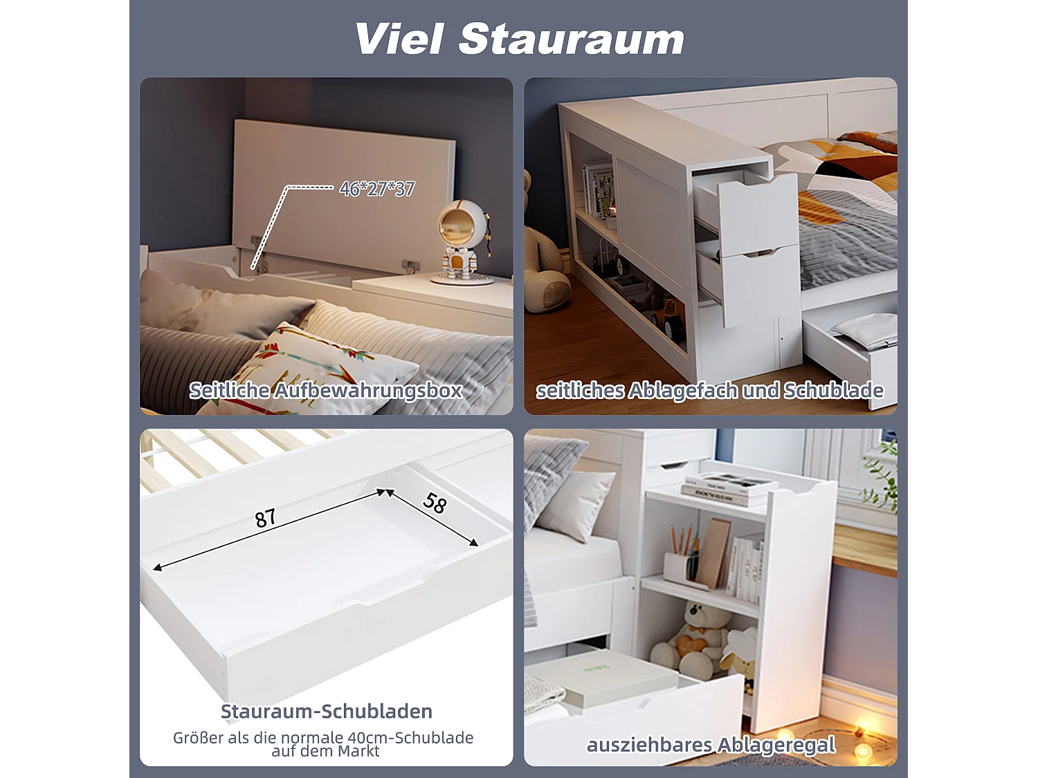 Cama infantil 90x200 cm em madeira MDF multifuncional com gavetas, prateleiras e mesa de cabeceira, branca