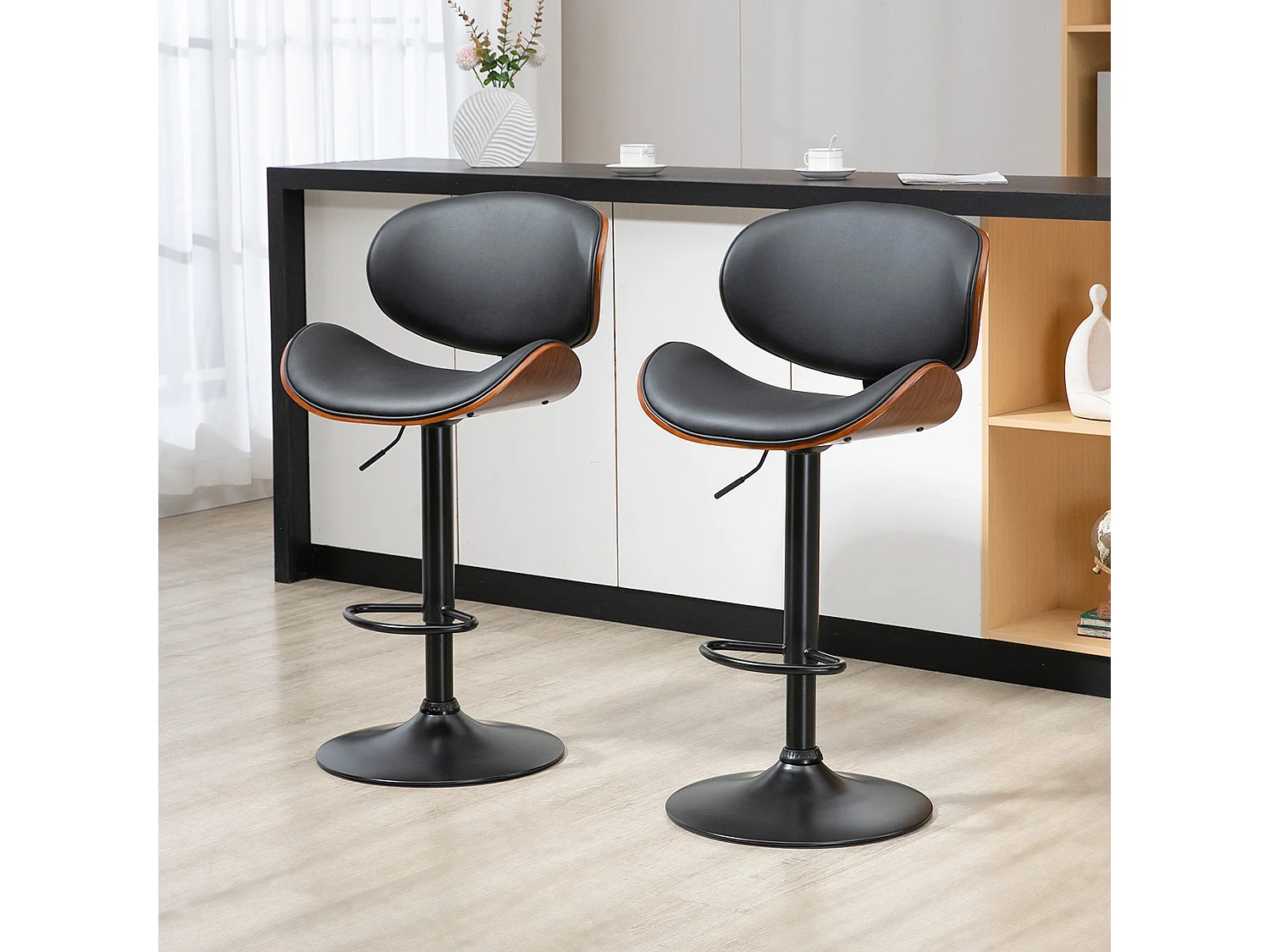Conjunto de 2 bancos de bar com altura ajustável, couro sintético, preto, giratórios, com apoio para os pés, para cozinha