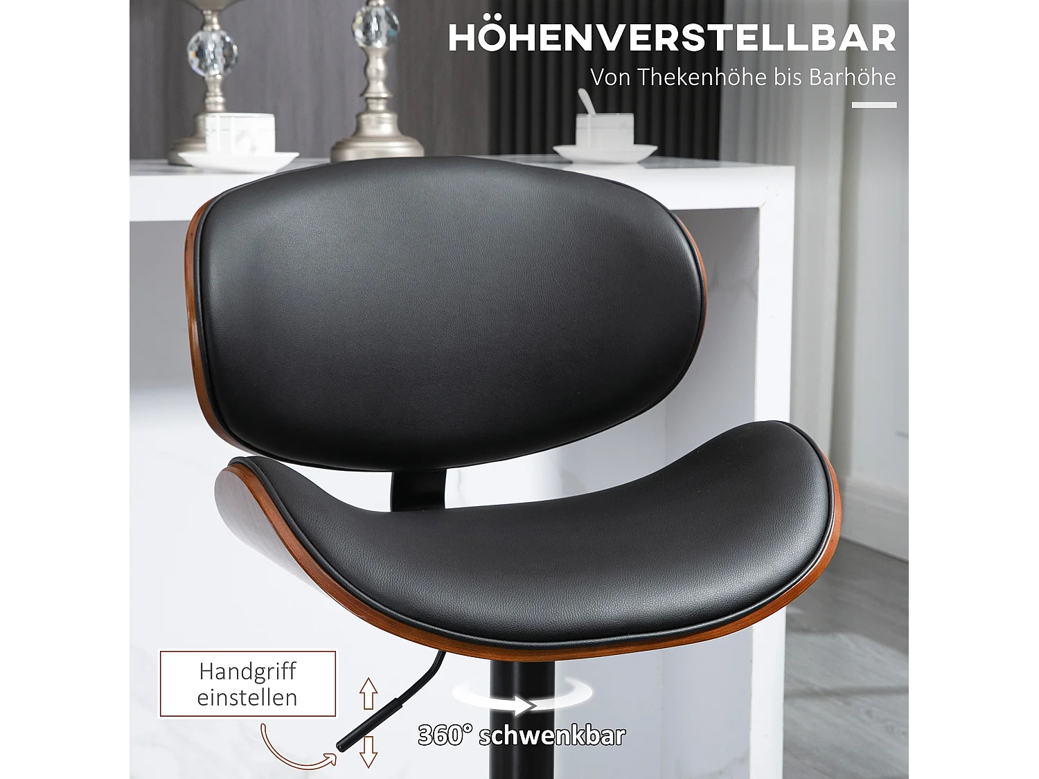 Conjunto de 2 bancos de bar com altura ajustável, couro sintético, preto, giratórios, com apoio para os pés, para cozinha