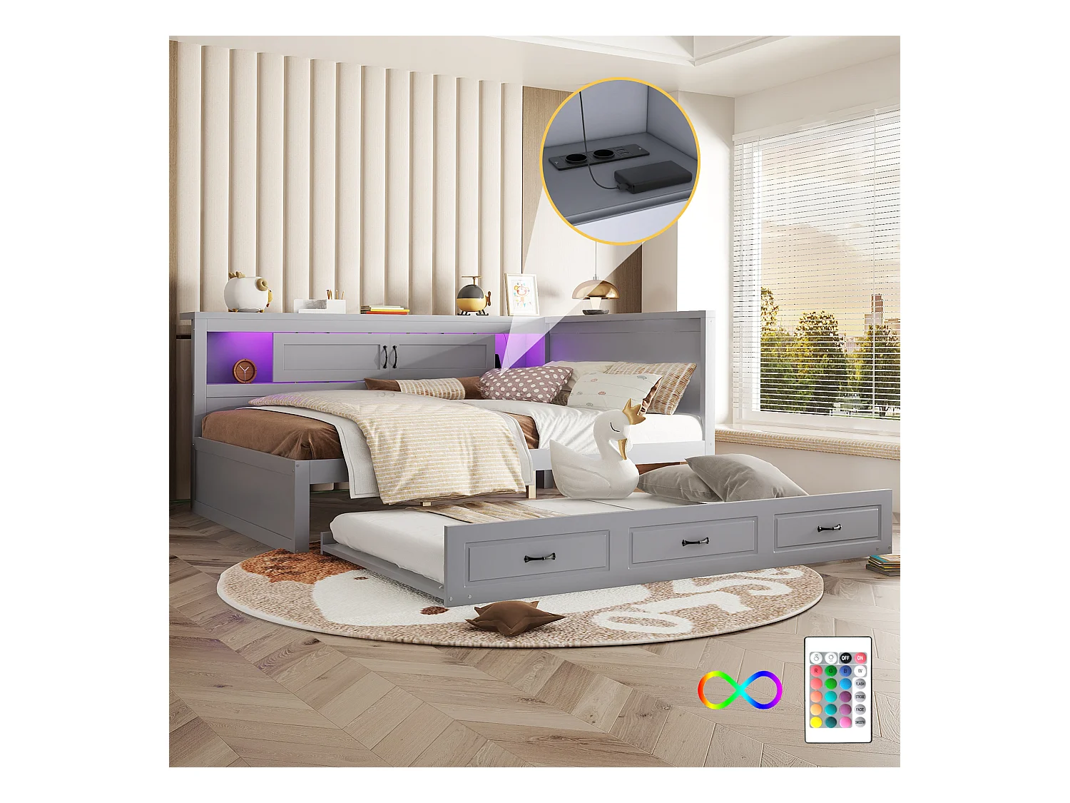 Sofá-cama 140x200 cm MDF cinza com LED integrado, cama de rodízio, gavetas e portas USB