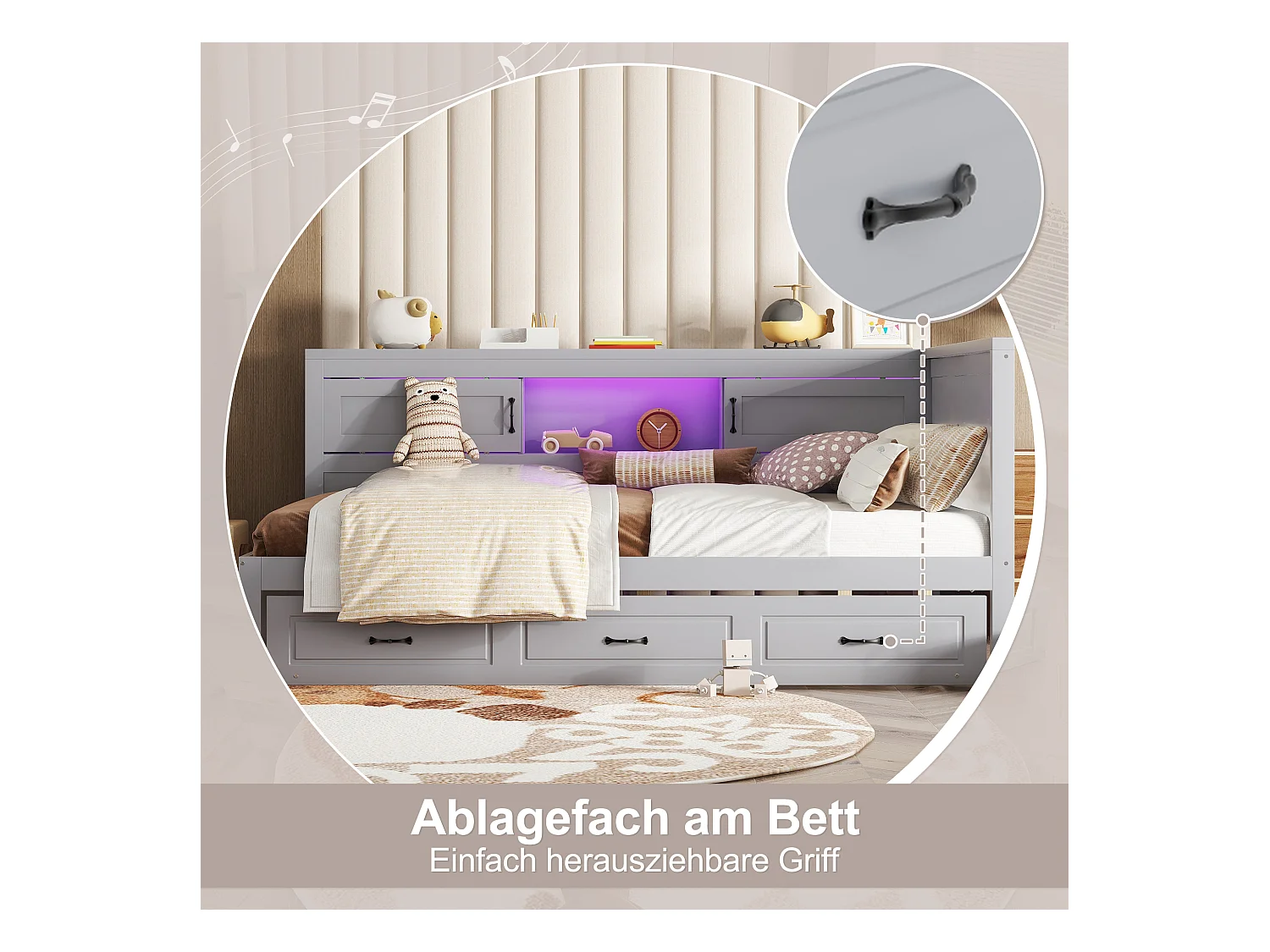 Sofá-cama 140x200 cm MDF cinza com LED integrado, cama de rodízio, gavetas e portas USB