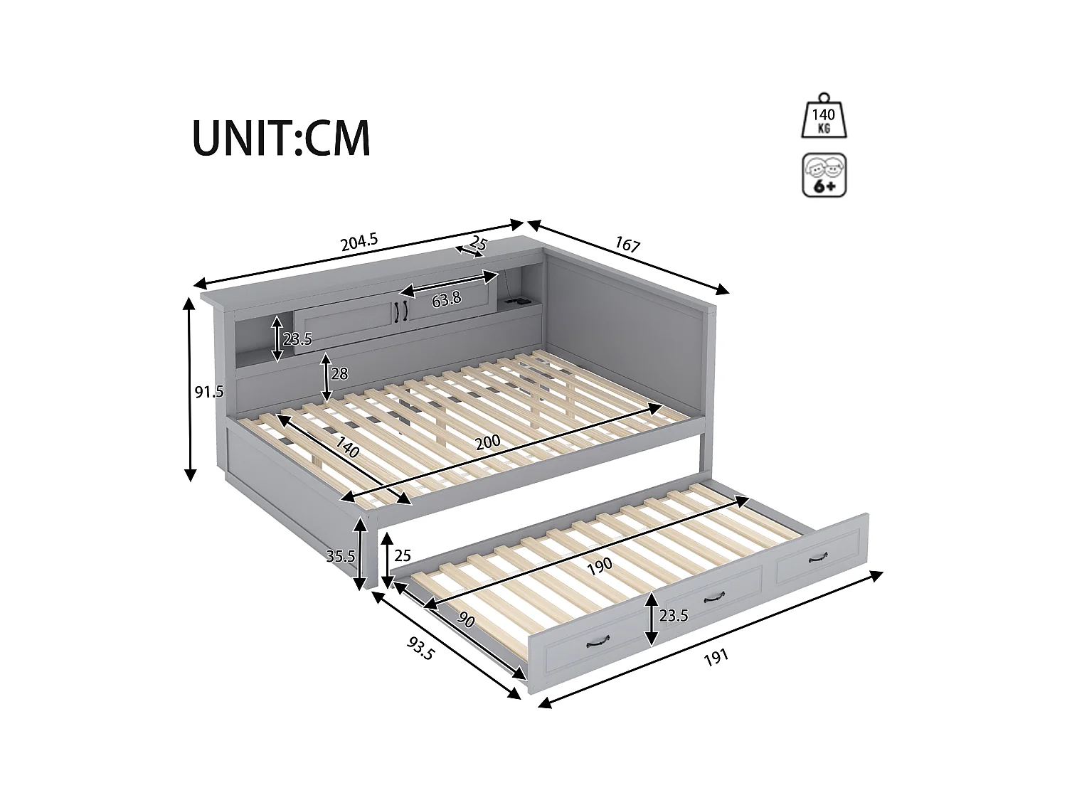 Sofá-cama 140x200 cm MDF cinza com LED integrado, cama de rodízio, gavetas e portas USB