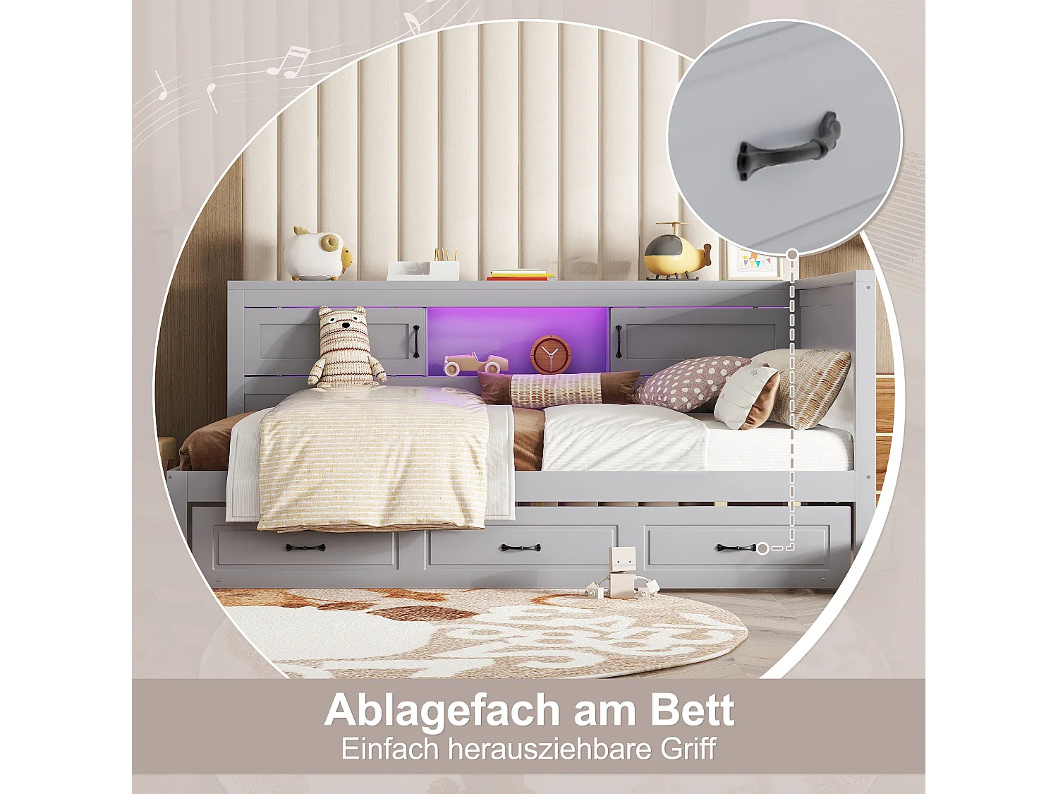 Sofá-cama 140x200 cm MDF cinza com LED integrado, cama de rodízio, gavetas e portas USB