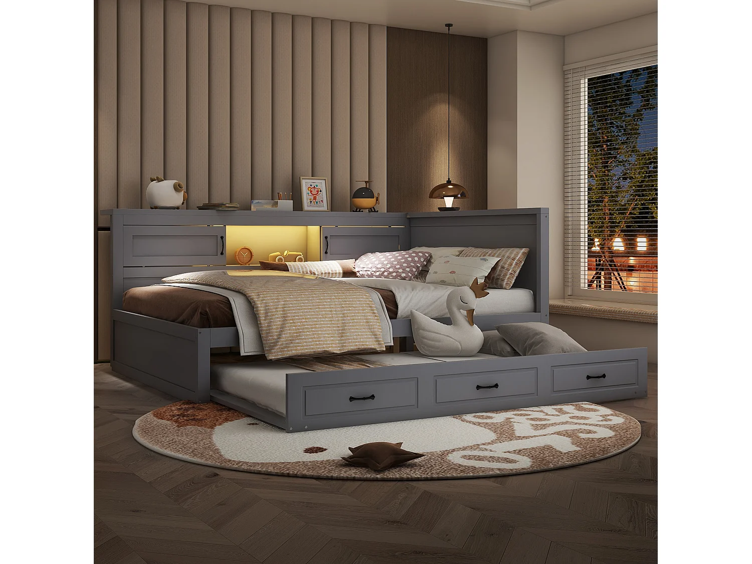 Sofá-cama 140x200 cm MDF cinza com LED integrado, cama de rodízio, gavetas e portas USB