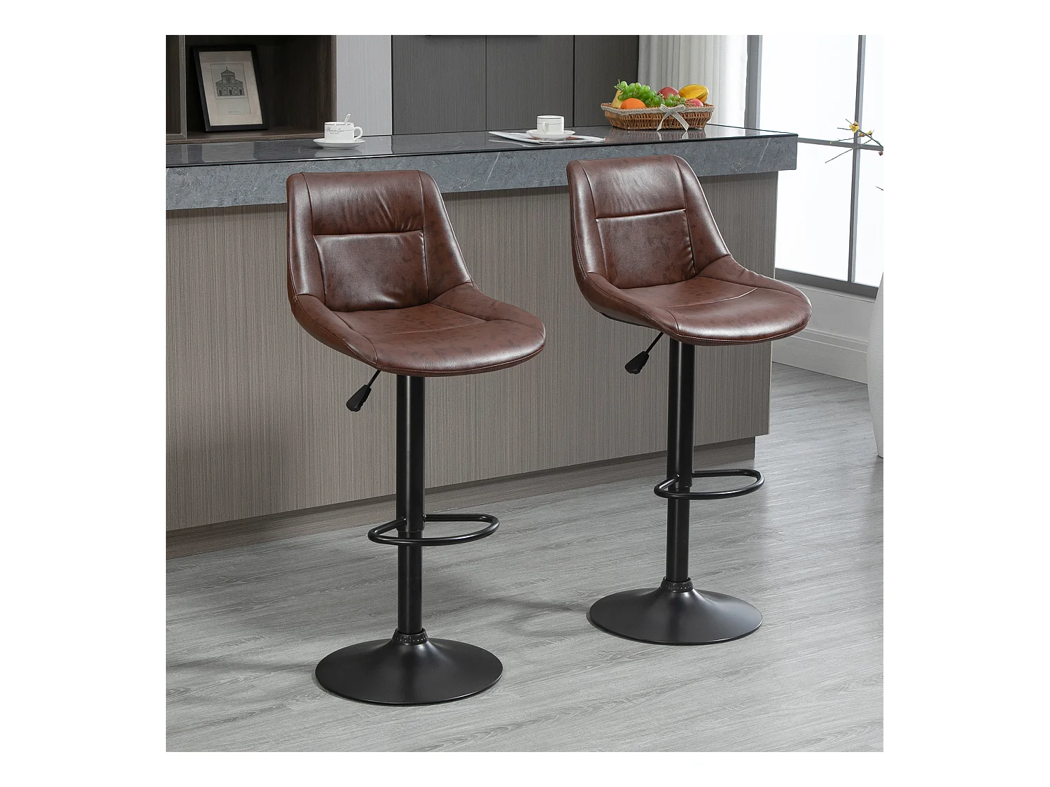 Lotto di 2 tavolini da bar regolabili simili in cuoio marrone con dossier pivotants in acciaio per cucina bar 46,5x50x88-108 cm