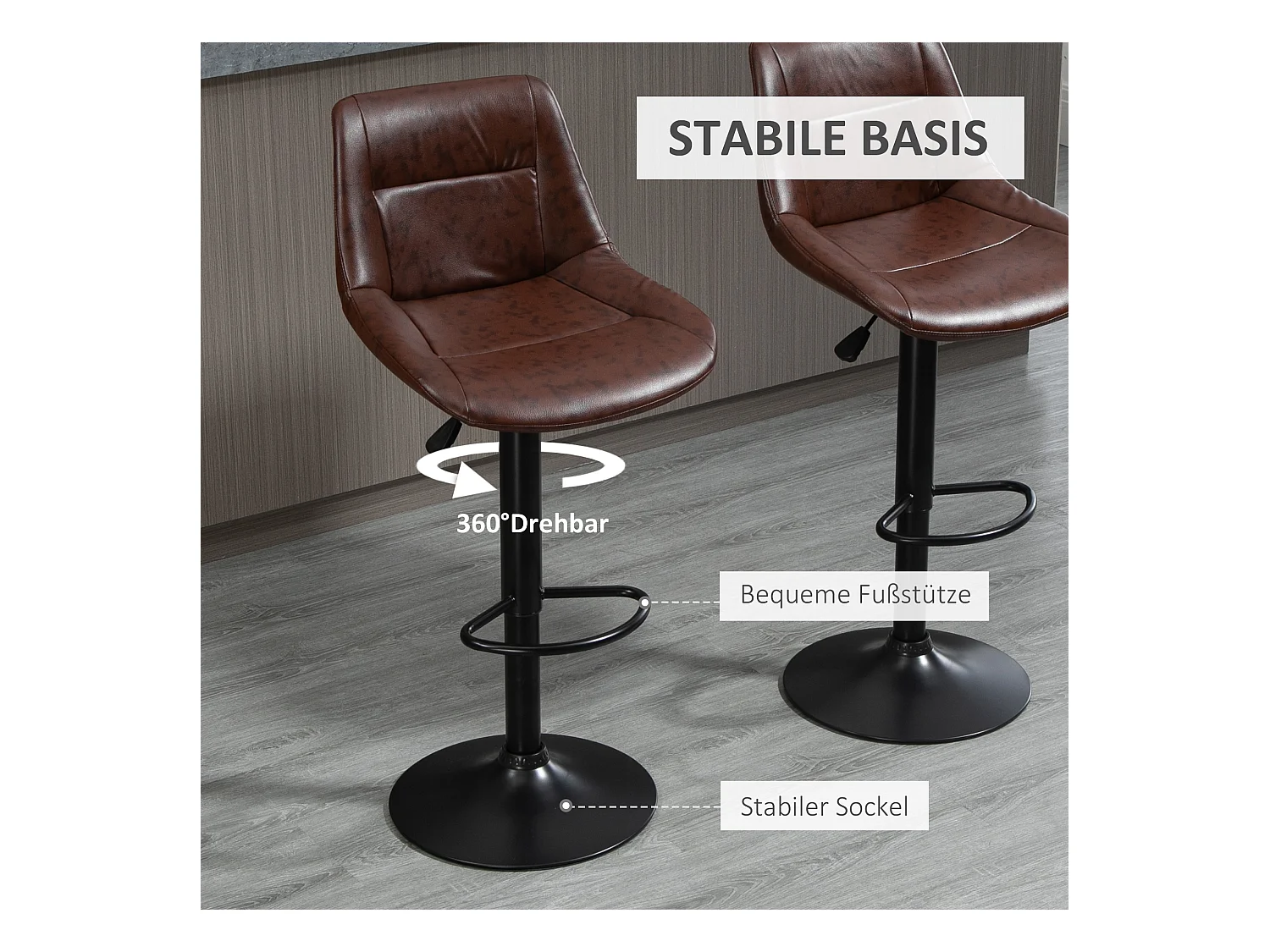 Lotto di 2 tavolini da bar regolabili simili in cuoio marrone con dossier pivotants in acciaio per cucina bar 46,5x50x88-108 cm