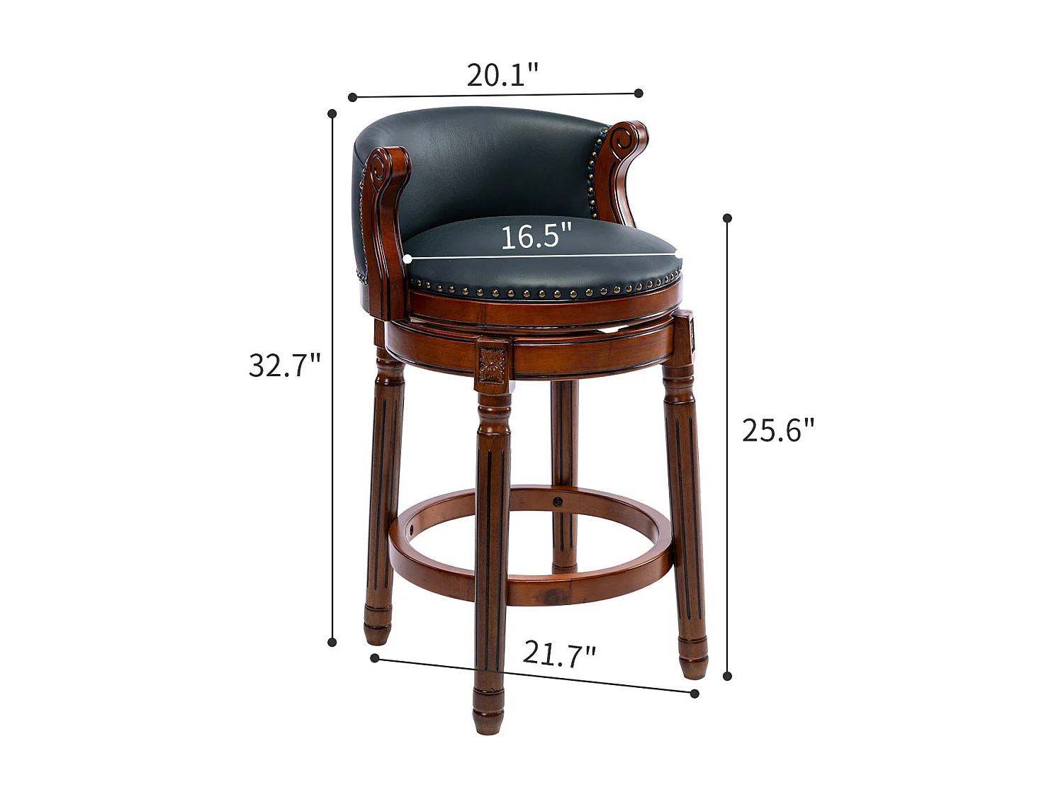 Taburete de bar de piel flor, madera maciza, giratorio 360°, respaldo cómodo, altura 66 cm, color azul