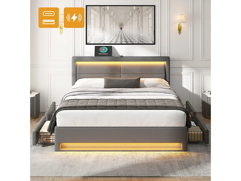 Cama estofada 140x200 cm PU com LED, portas USB, 4 gavetas, arrumação de quarto cinza