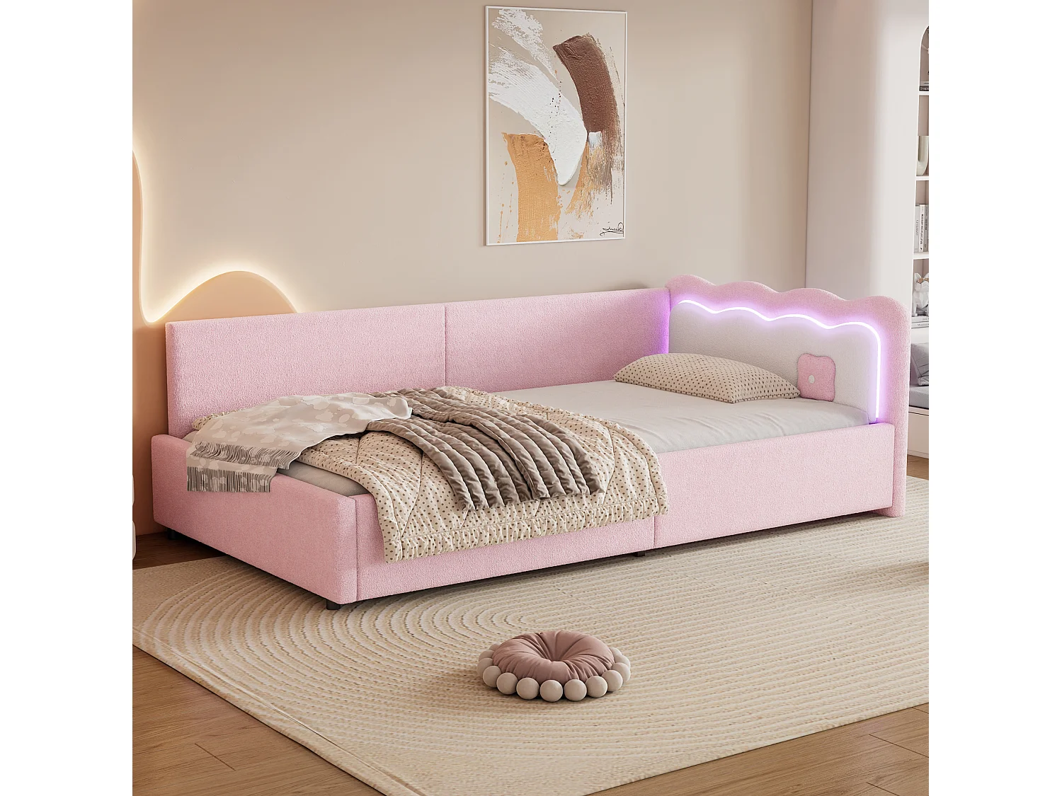 Sofá-cama 90x200cm em veludo sintético com LED e controle remoto, sofá-cama, rosa