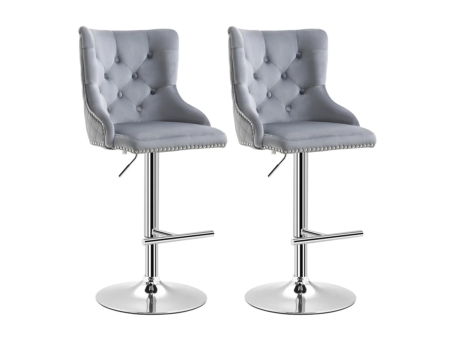 Taburetes de bar ajustables de 2 piezas en tela de terciopelo giratorios con respaldo y reposabrazos y reposapiés gris claro