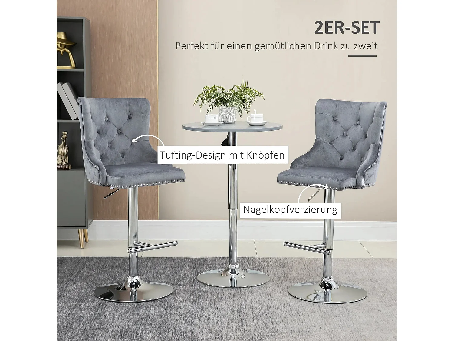 Taburetes de bar ajustables de 2 piezas en tela de terciopelo giratorios con respaldo y reposabrazos y reposapiés gris claro