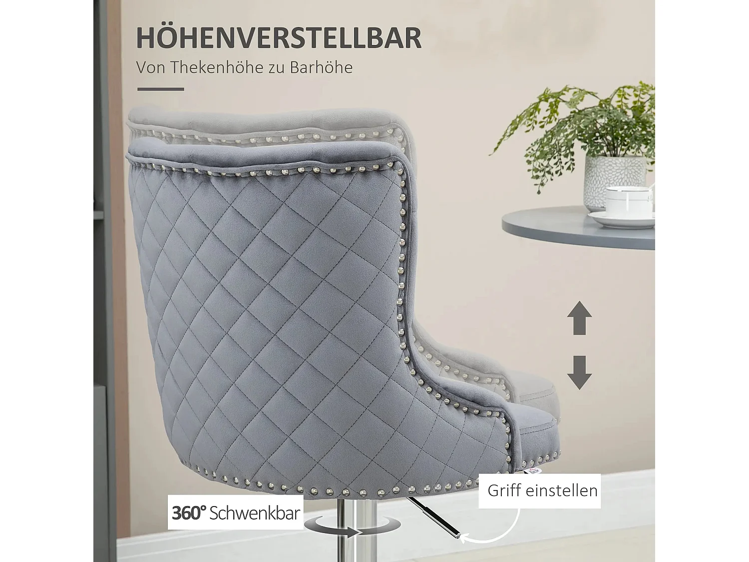 Taburetes de bar ajustables de 2 piezas en tela de terciopelo giratorios con respaldo y reposabrazos y reposapiés gris claro