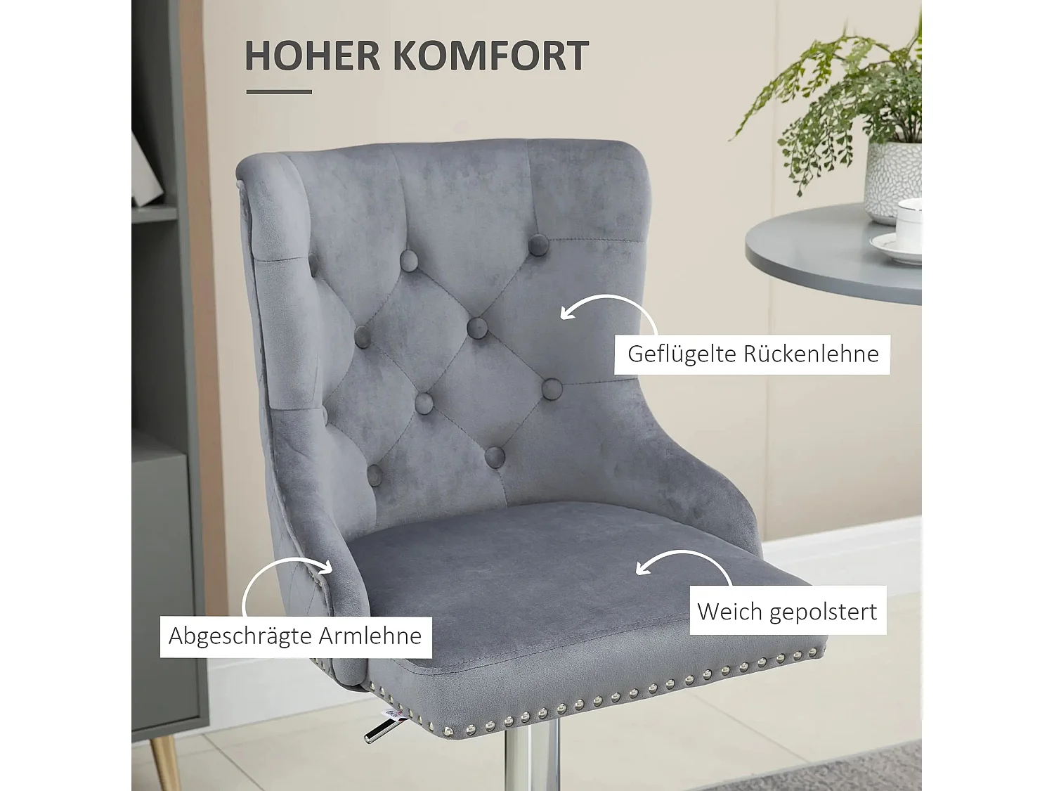 Taburetes de bar ajustables de 2 piezas en tela de terciopelo giratorios con respaldo y reposabrazos y reposapiés gris claro