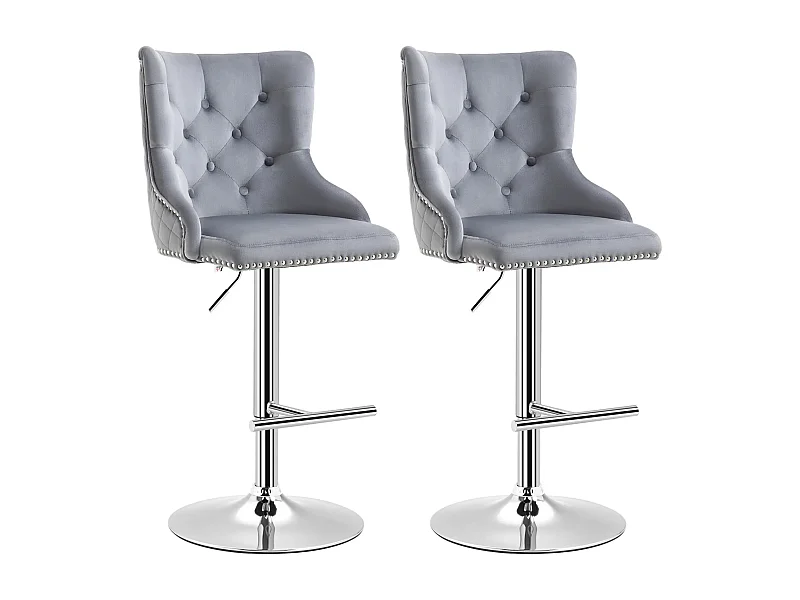 Taburetes de bar ajustables de 2 piezas en tela de terciopelo giratorios con respaldo y reposabrazos y reposapiés gris claro