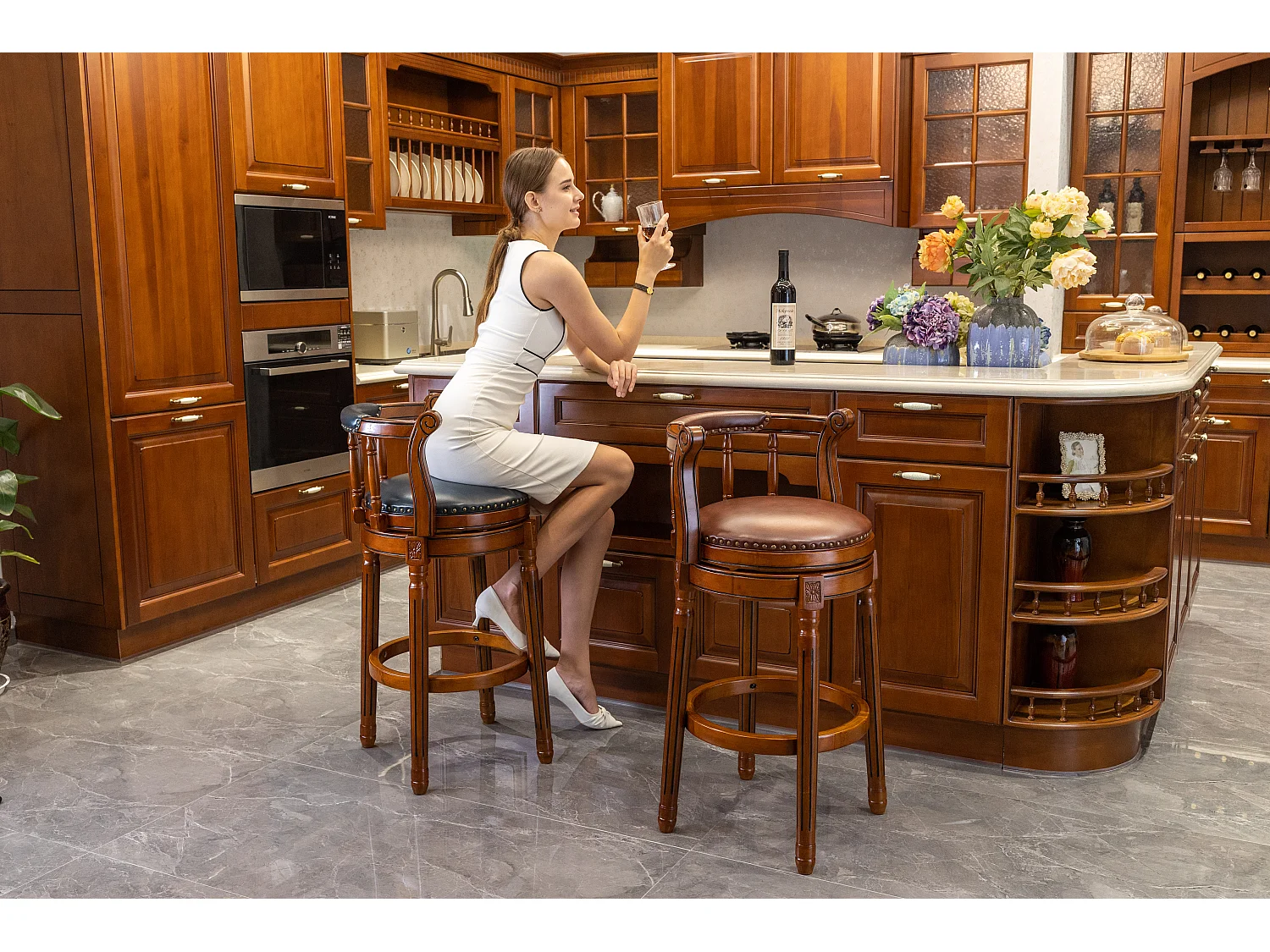 Tabouret de bar cuir véritable bois pivotant 360° dossier alta cucina bar salon bleu