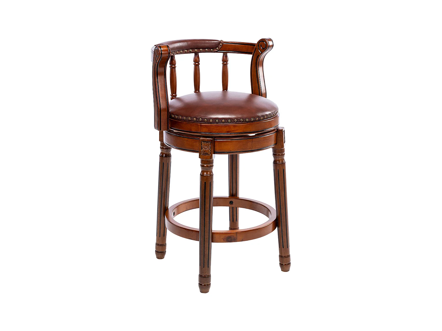 Taburete de bar de cuero genuino con respaldo de madera giratorio de 360°, altura de barra para cocina, sala de estar, marrón