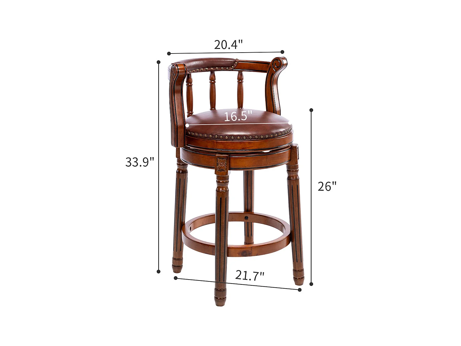 Taburete de bar de cuero genuino con respaldo de madera giratorio de 360°, altura de barra para cocina, sala de estar, marrón