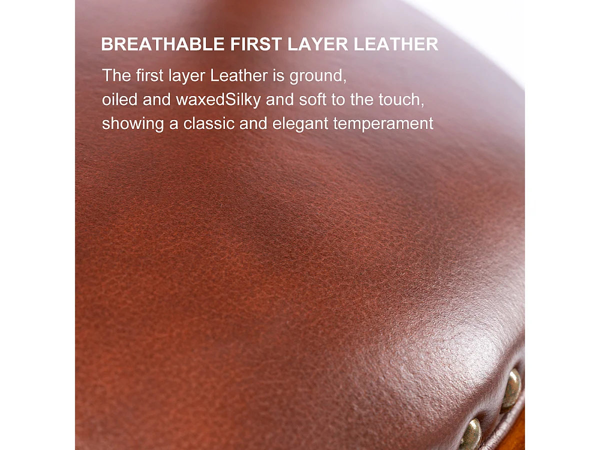 Taburete de bar de cuero genuino con respaldo de madera giratorio de 360°, altura de barra para cocina, sala de estar, marrón