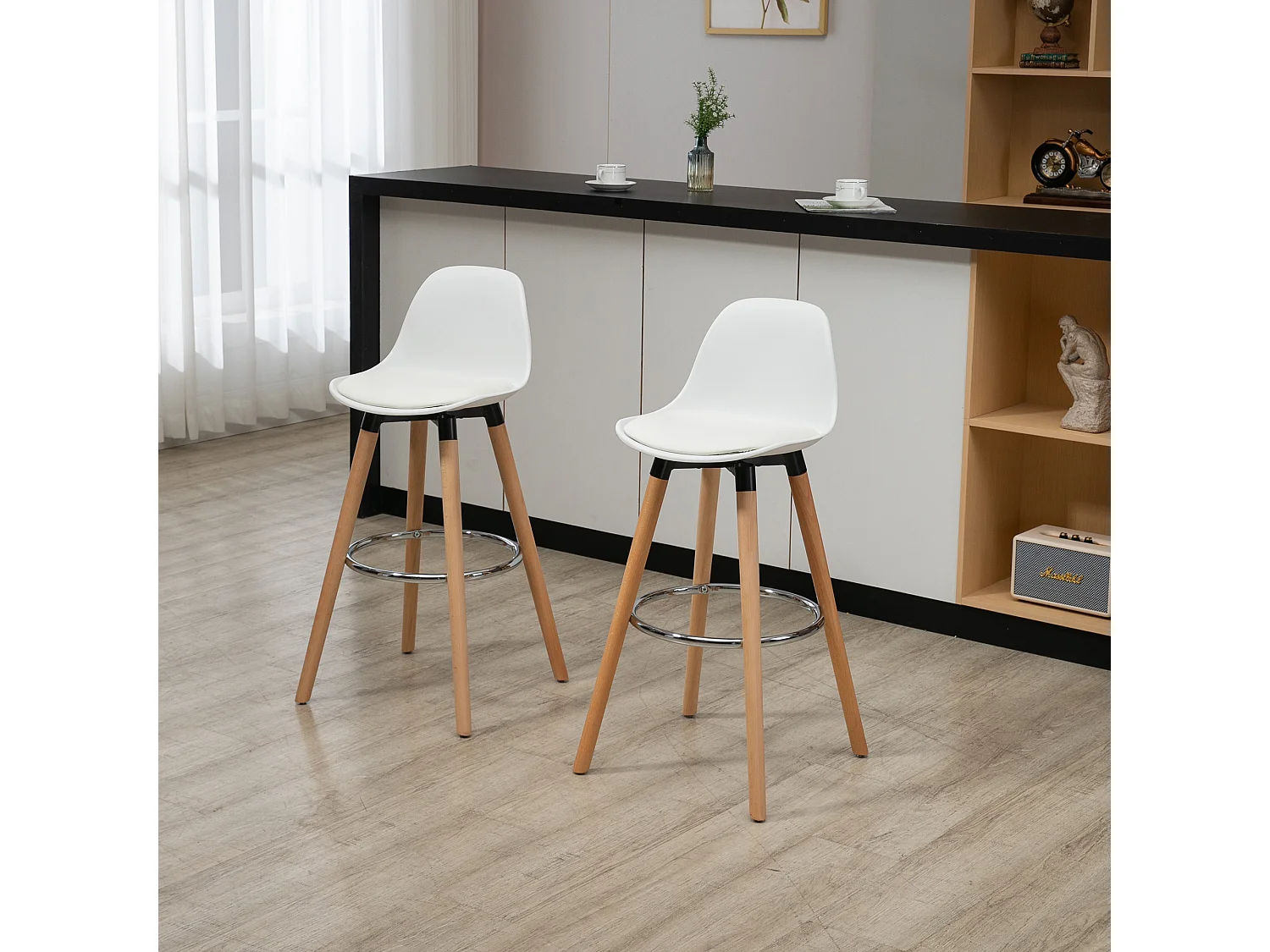 Tabourets de bar lot 2 simili cuir blanc dossier haut repose-pieds pour cuisine 38,5x42,5x91 cm
