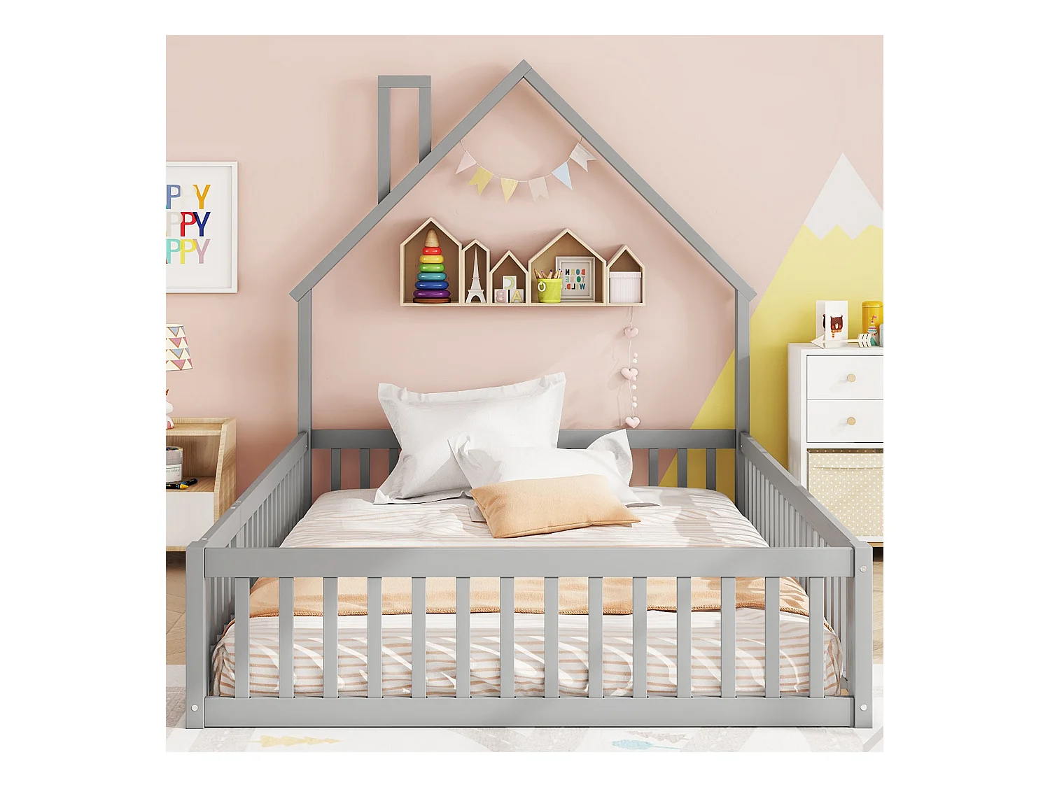 Lit enfant 140x190 cm en bois massif MDF forme cheminée, lit avec sommier, gris