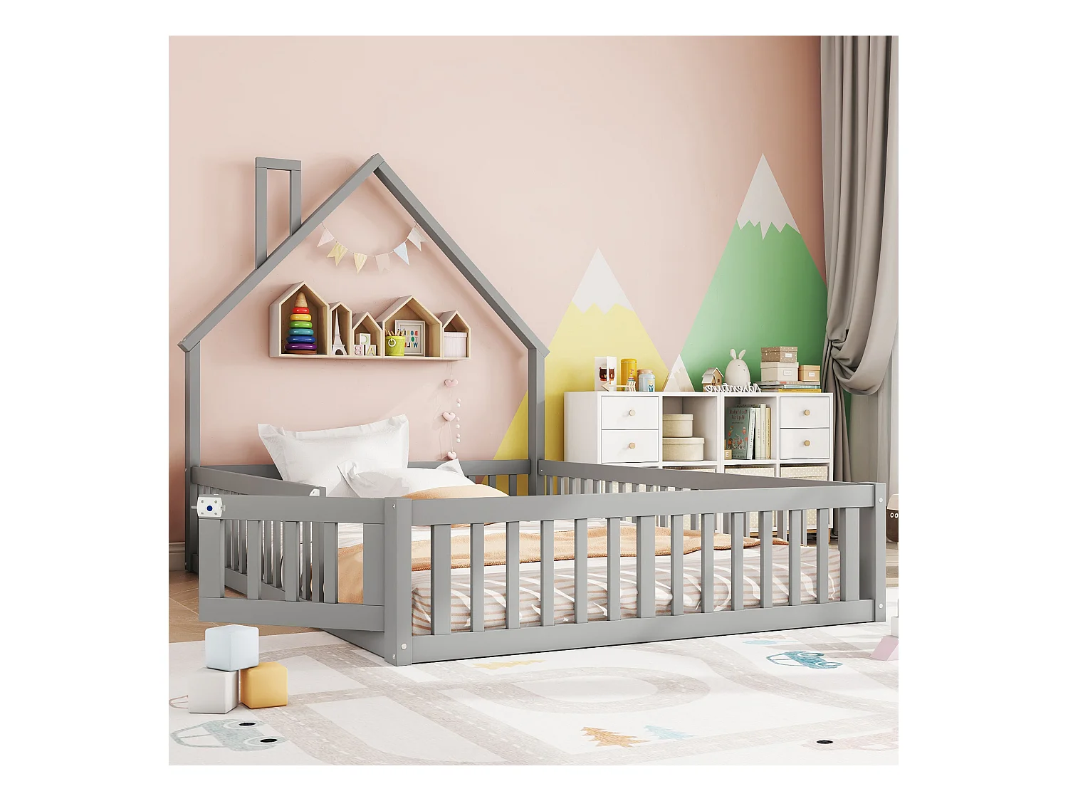 Lit enfant 140x190 cm en bois massif MDF forme cheminée, lit avec sommier, gris