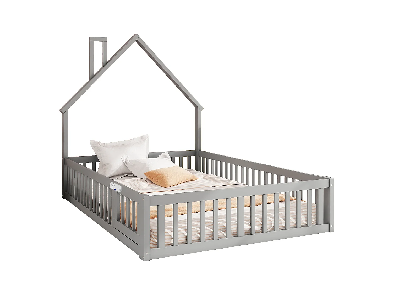 Lit enfant 140x190 cm en bois massif MDF forme cheminée, lit avec sommier, gris