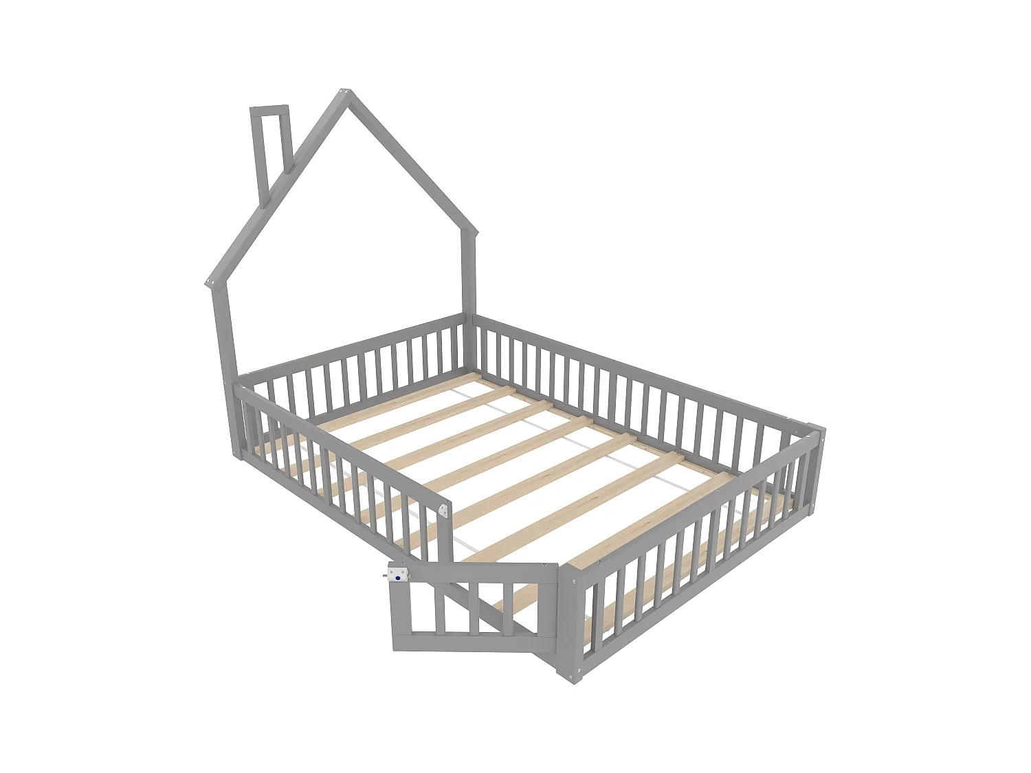 Lit enfant 140x190 cm en bois massif MDF forme cheminée, lit avec sommier, gris
