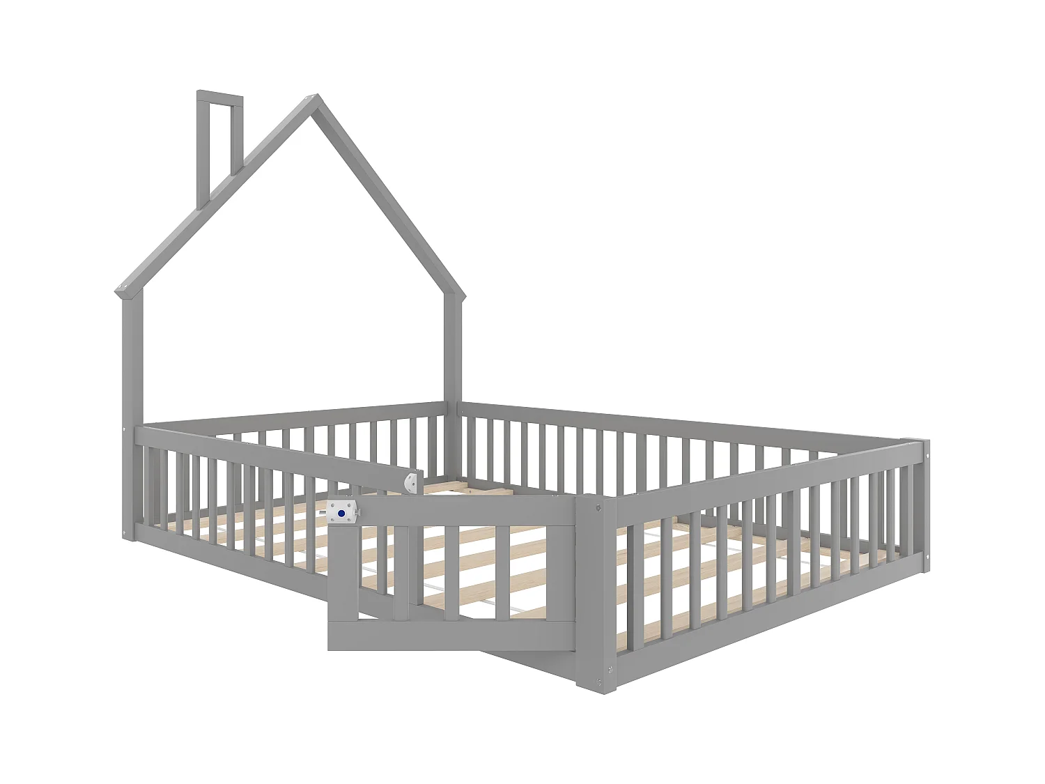 Lit enfant 140x190 cm en bois massif MDF forme cheminée, lit avec sommier, gris