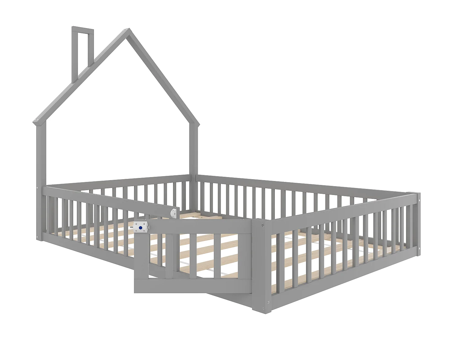 Cama infantil 140x190 cm en madera maciza MDF, forma de chimenea, cama con somier de láminas, color gris